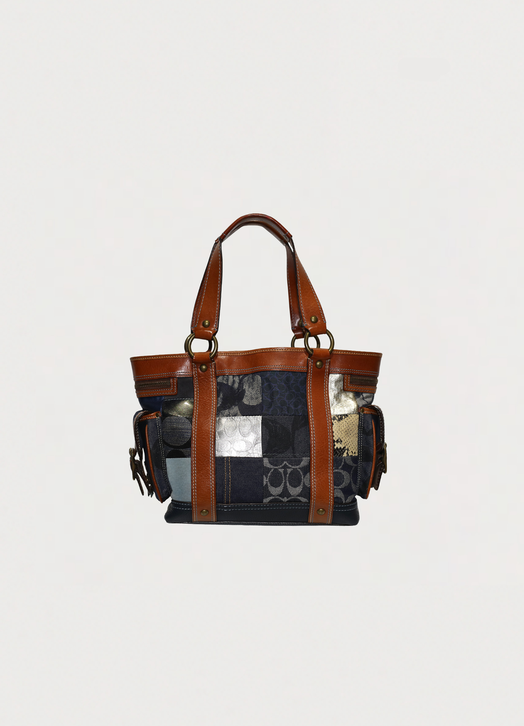 Vintage Coach Legacy denim tote bag in blue signature canvas with leather trim showing back