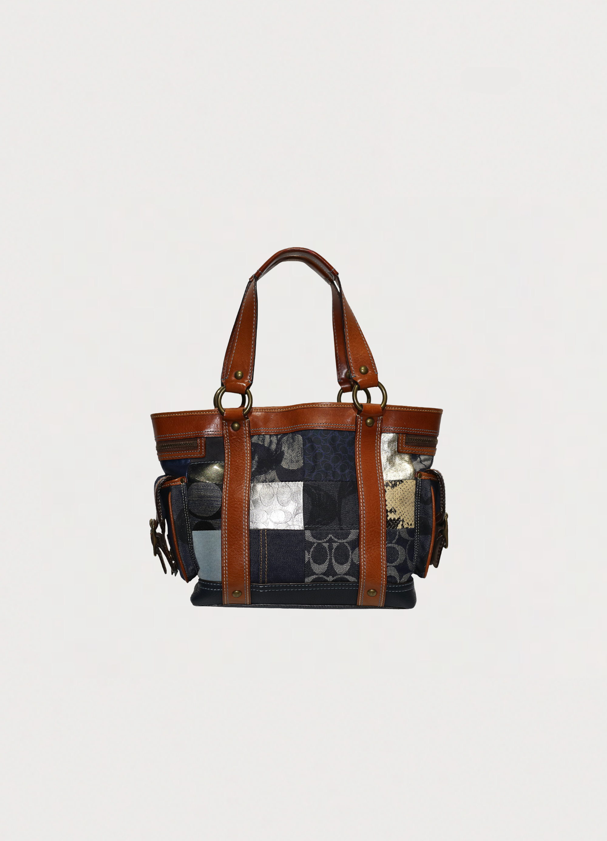 Vintage Coach Legacy denim tote bag in blue signature canvas with leather trim showing back