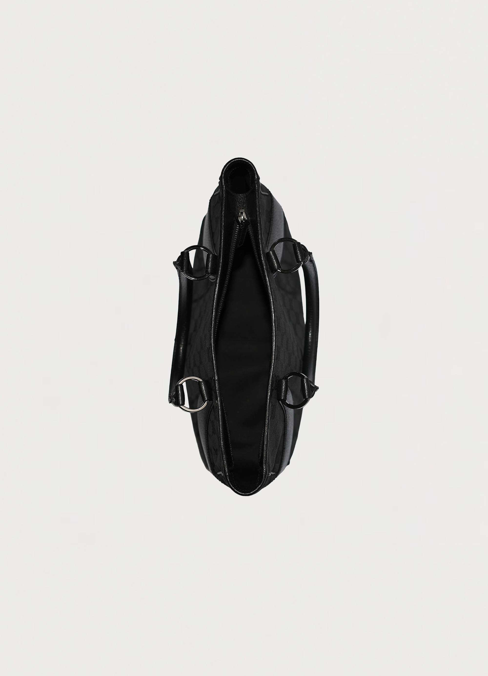 Gucci GG Canvas Tote Bag in black canvas with leather trim showing interior from top view