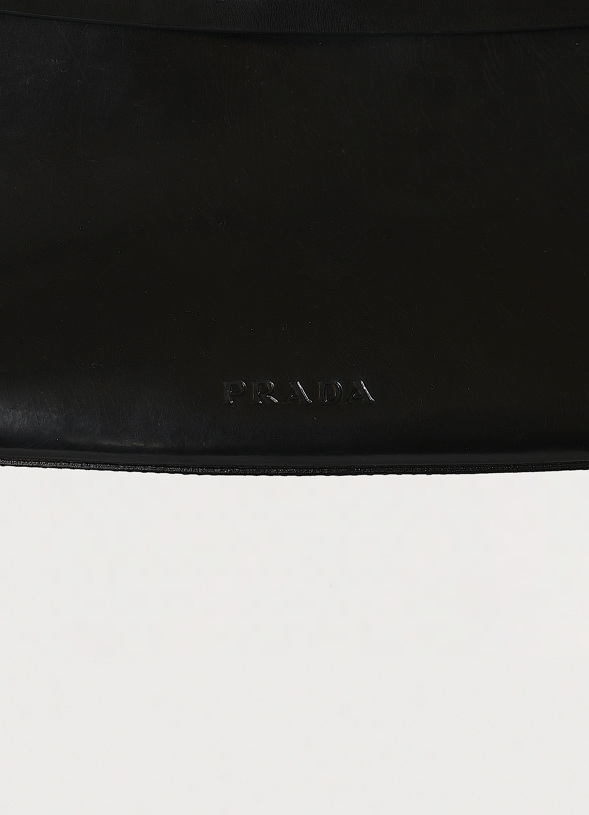 Vintage Prada Spazzolato Chic Shoulder Bag patent leather showing close up of embossed label name