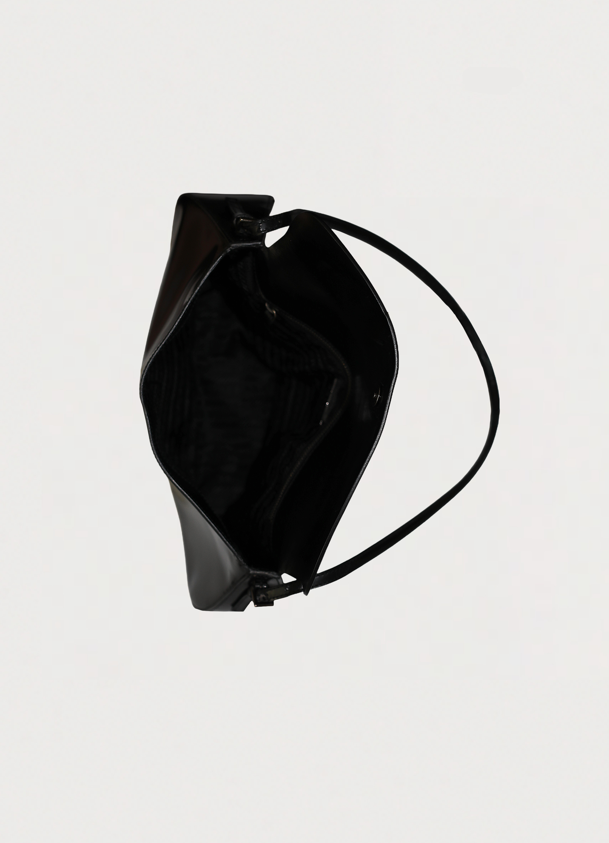 Vintage Prada Spazzolato Chic Shoulder Bag patent leather showing interior from top view down
