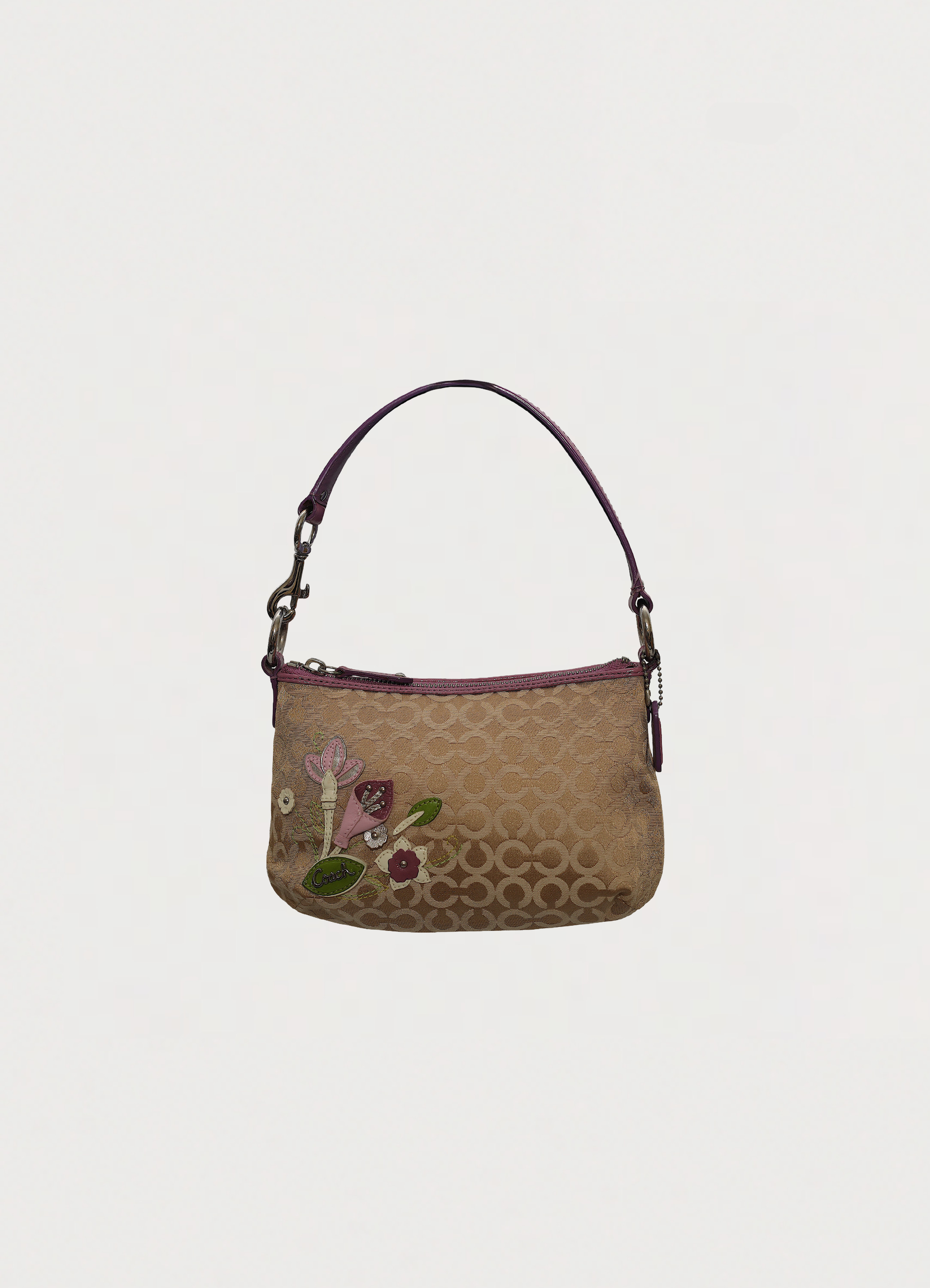 Vintage coach purple mixed op art monogram pochette bag showing front