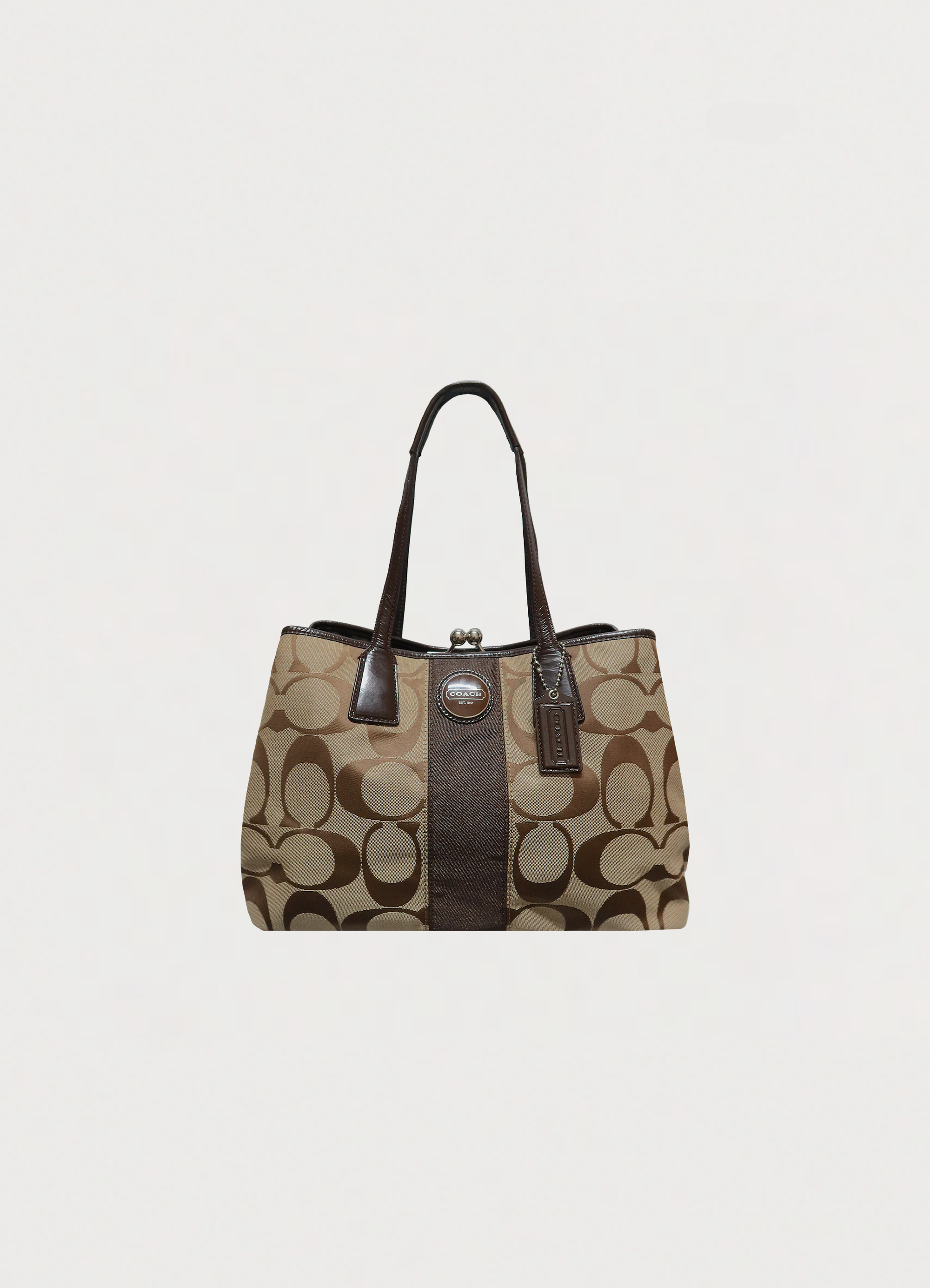 SIGNATURE STRIPE FRAMED KISSLOCK CARRYALL TOTE BAG