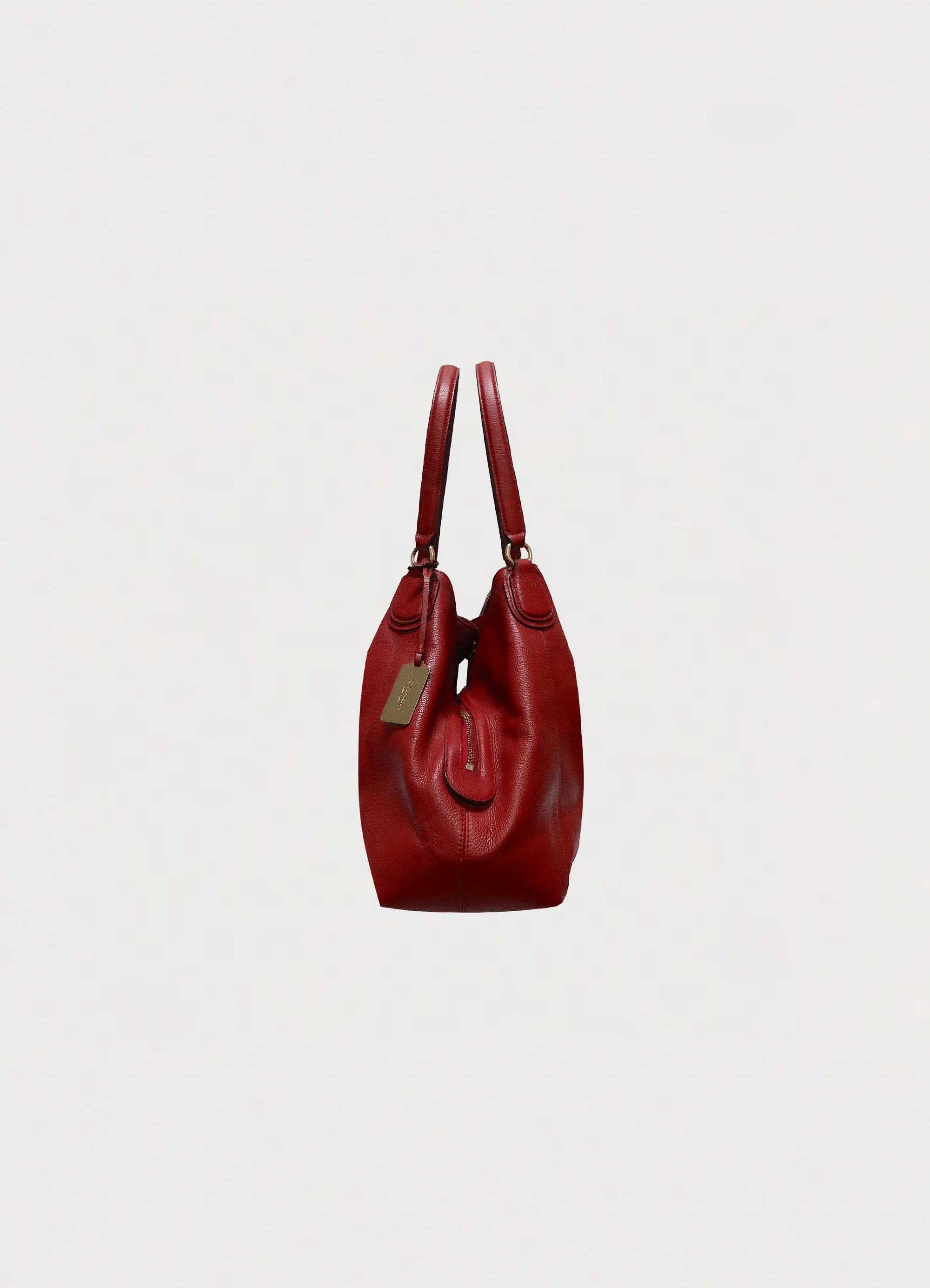Left side profile of red Coach Edie 31 bag showing leather texture