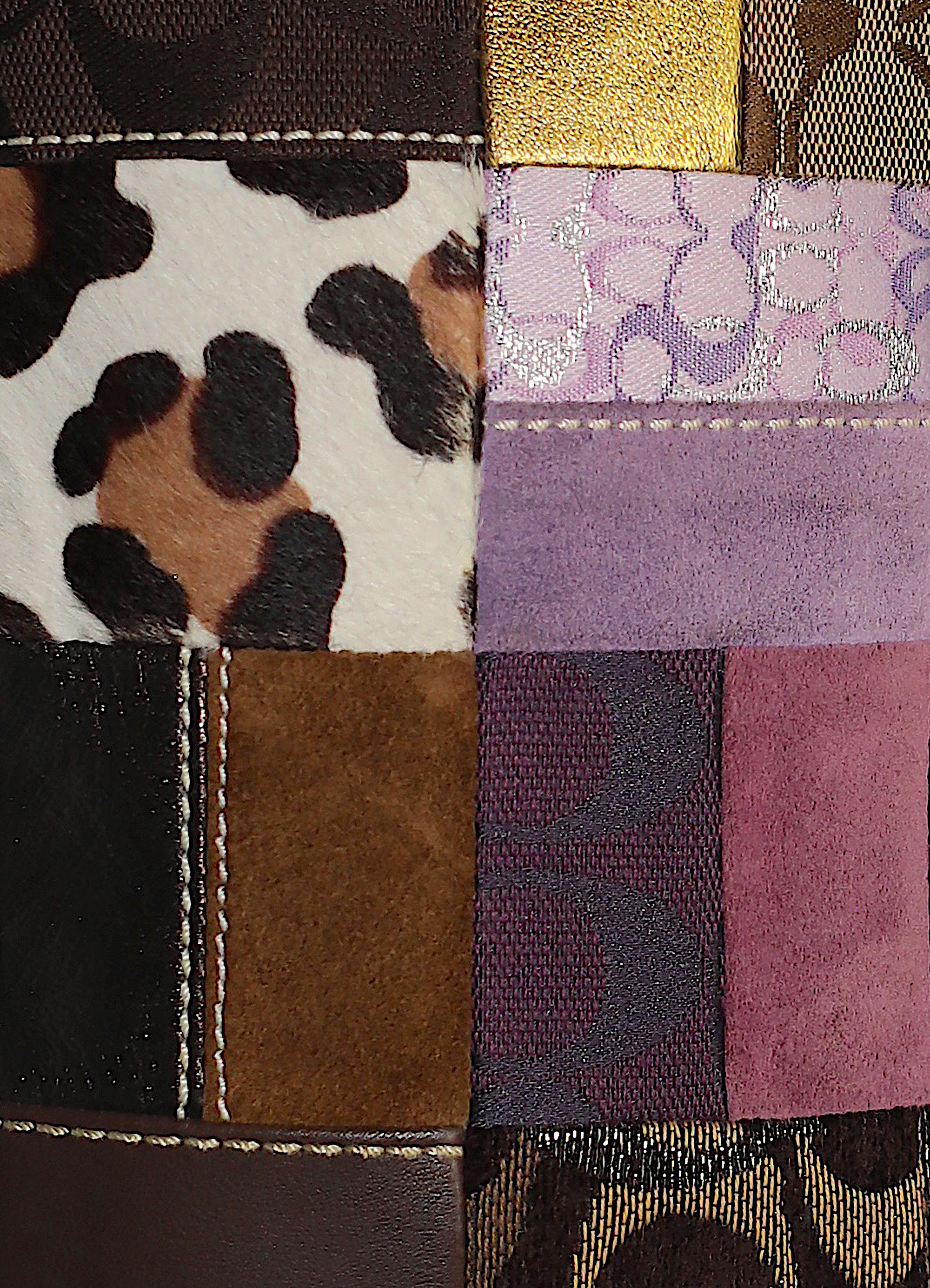 Coach legacy patchwork demi pochette handbag in multi patchwork print showing close up of print
