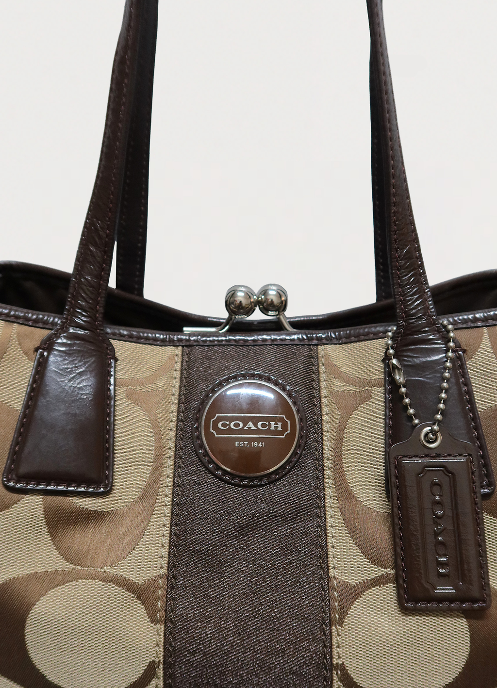 SIGNATURE STRIPE FRAMED KISSLOCK CARRYALL TOTE BAG