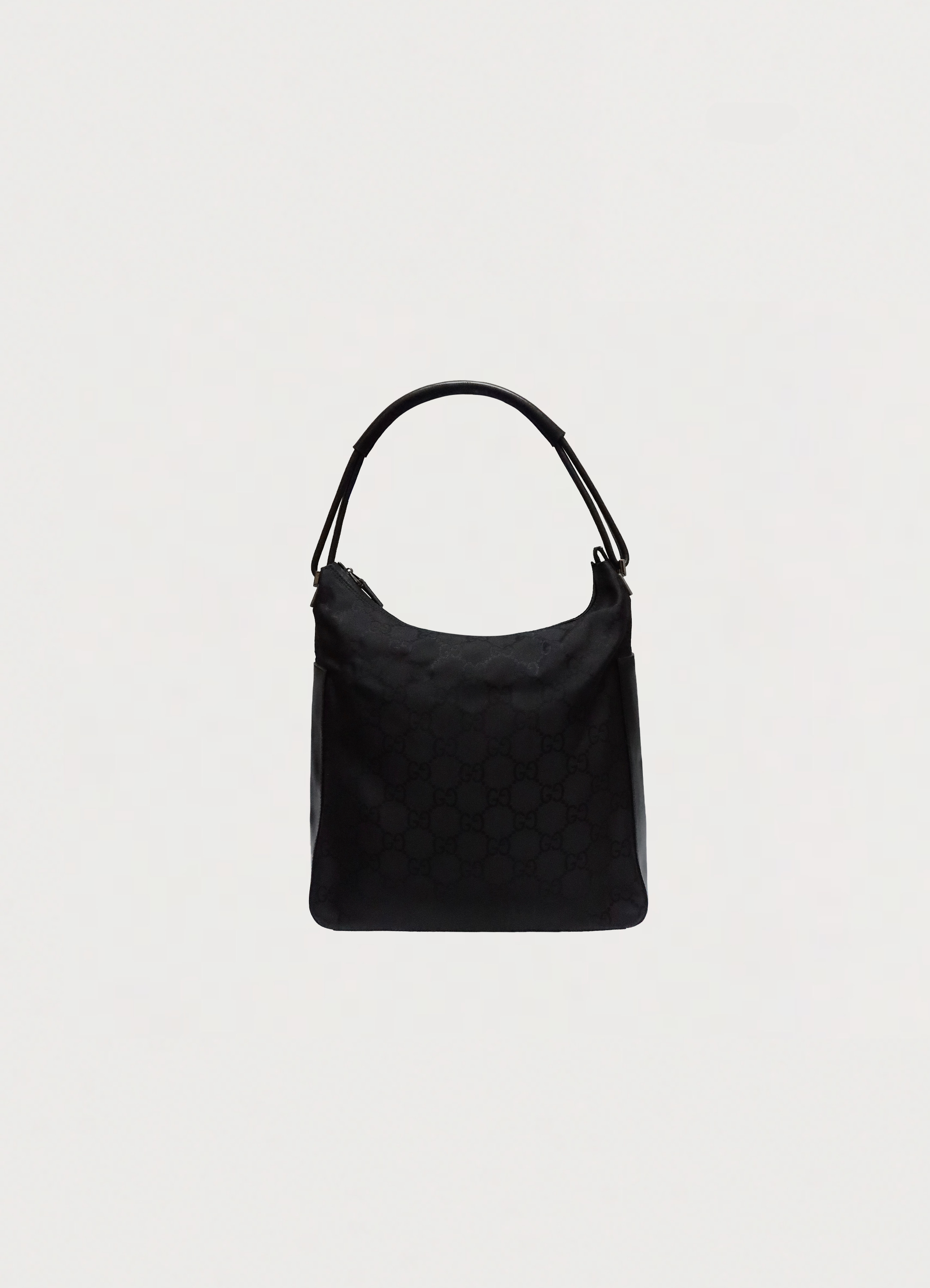 Gucci GG clasp hobo shoulder bag in black monogram canvas back view