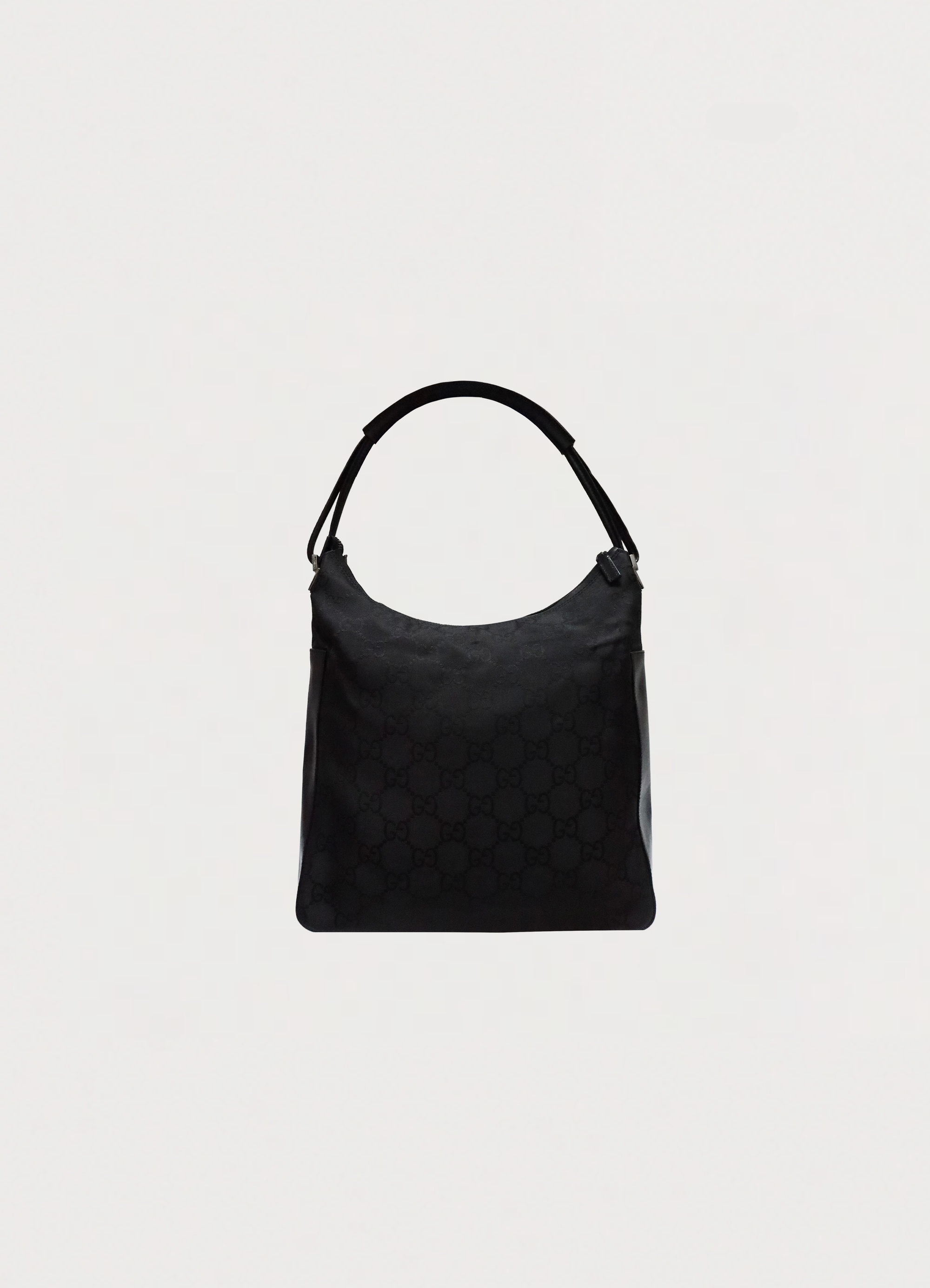 Gucci GG clasp hobo shoulder bag in black monogram canvas front view