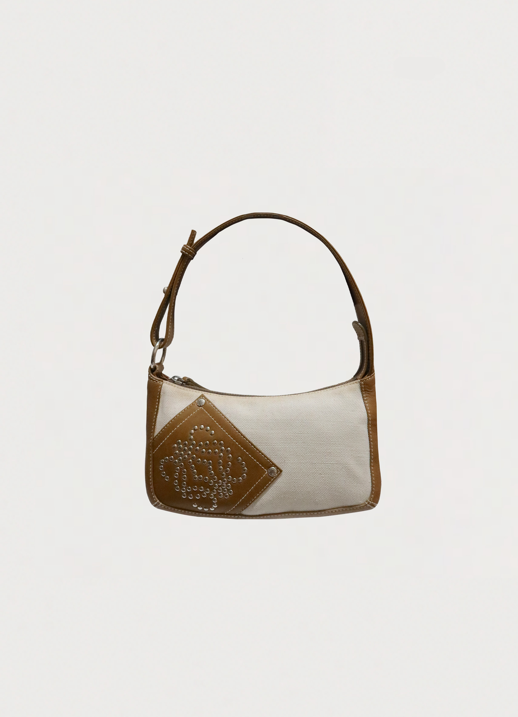 Loewe Anagram mini pochette in cream canvas with studded tan leather patch front view