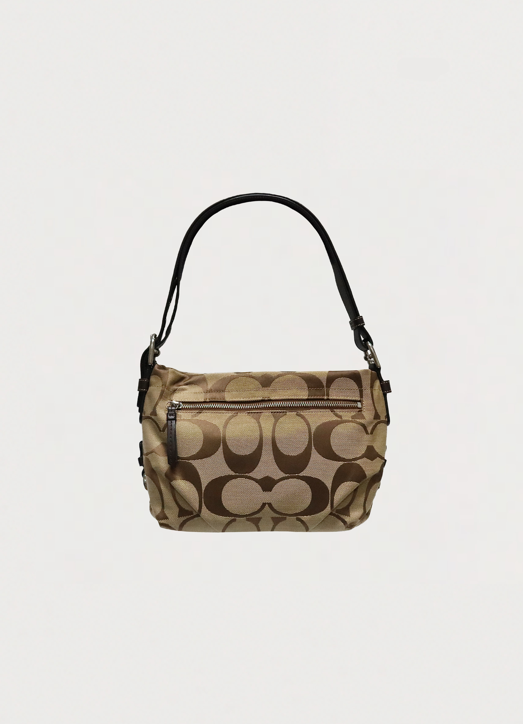 Vintage Coach Bleecker signature hobo bag in khaki canvas with brown leather trim front view