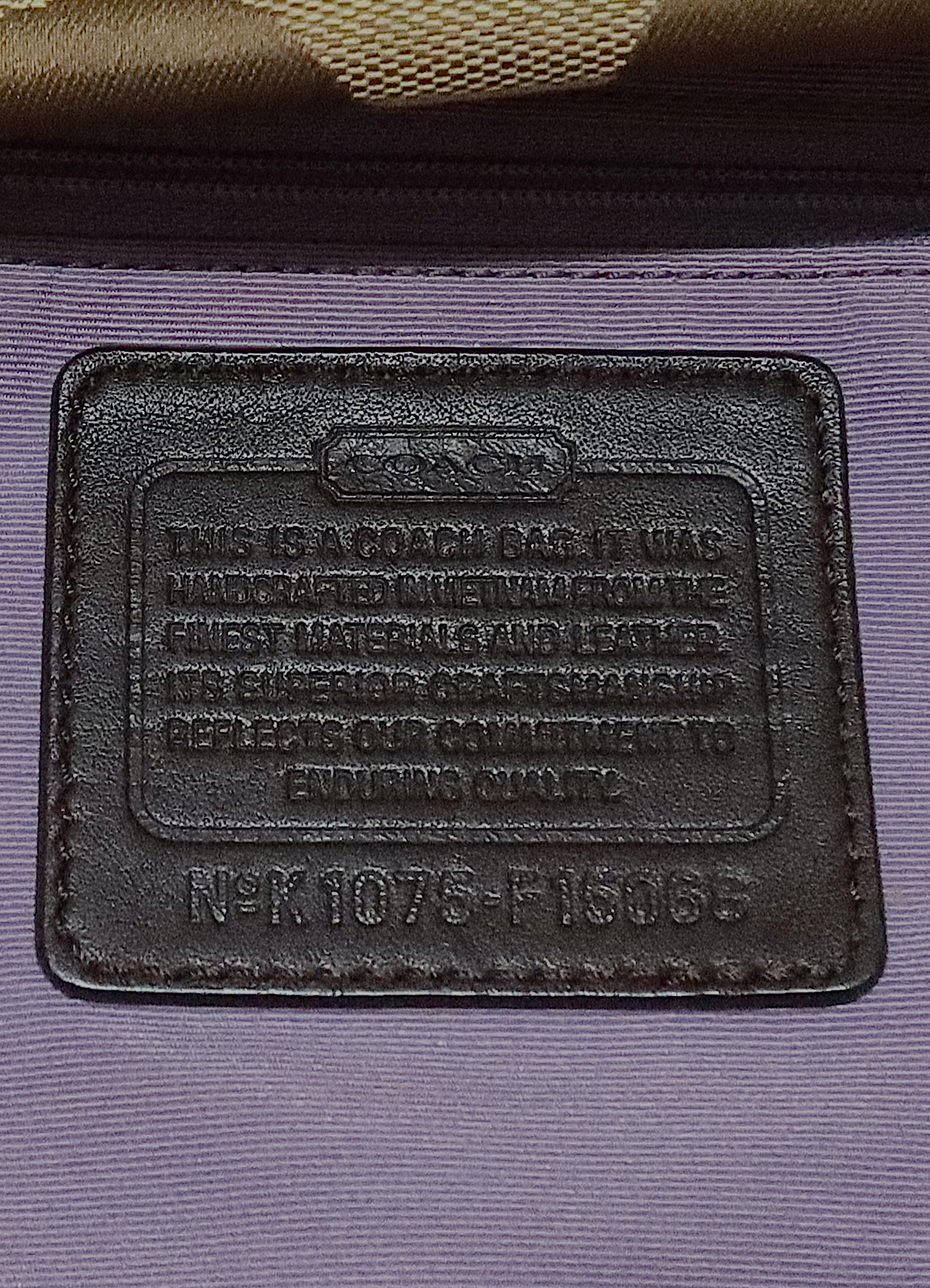 Interior leather Coach creed patch with serial number for authenticity