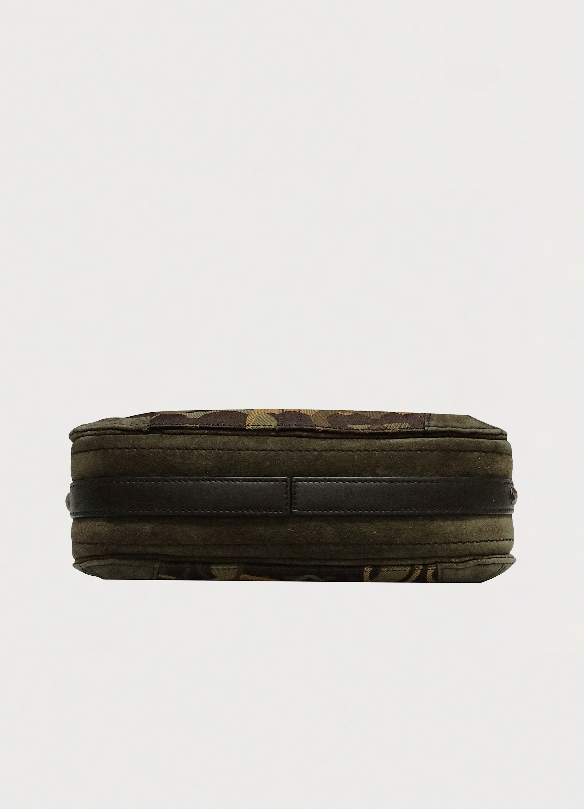 Base view of Coach Chelsea optic signature bag showing olive suede and leather bottom