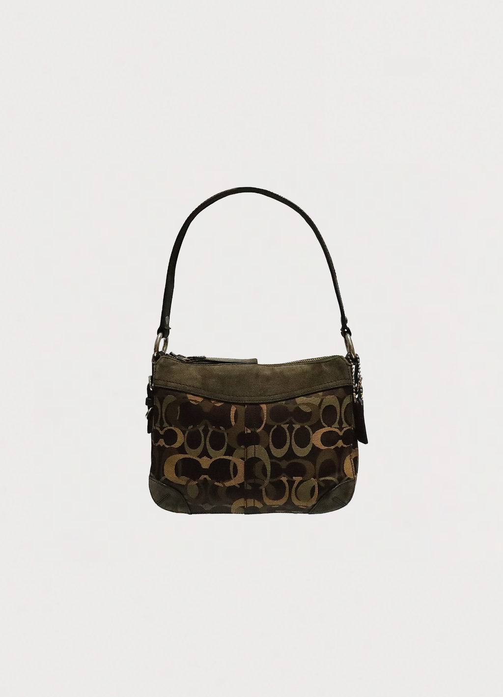 Vintage Coach Chelsea optic signature flap bag in olive khaki canvas with suede trim front view