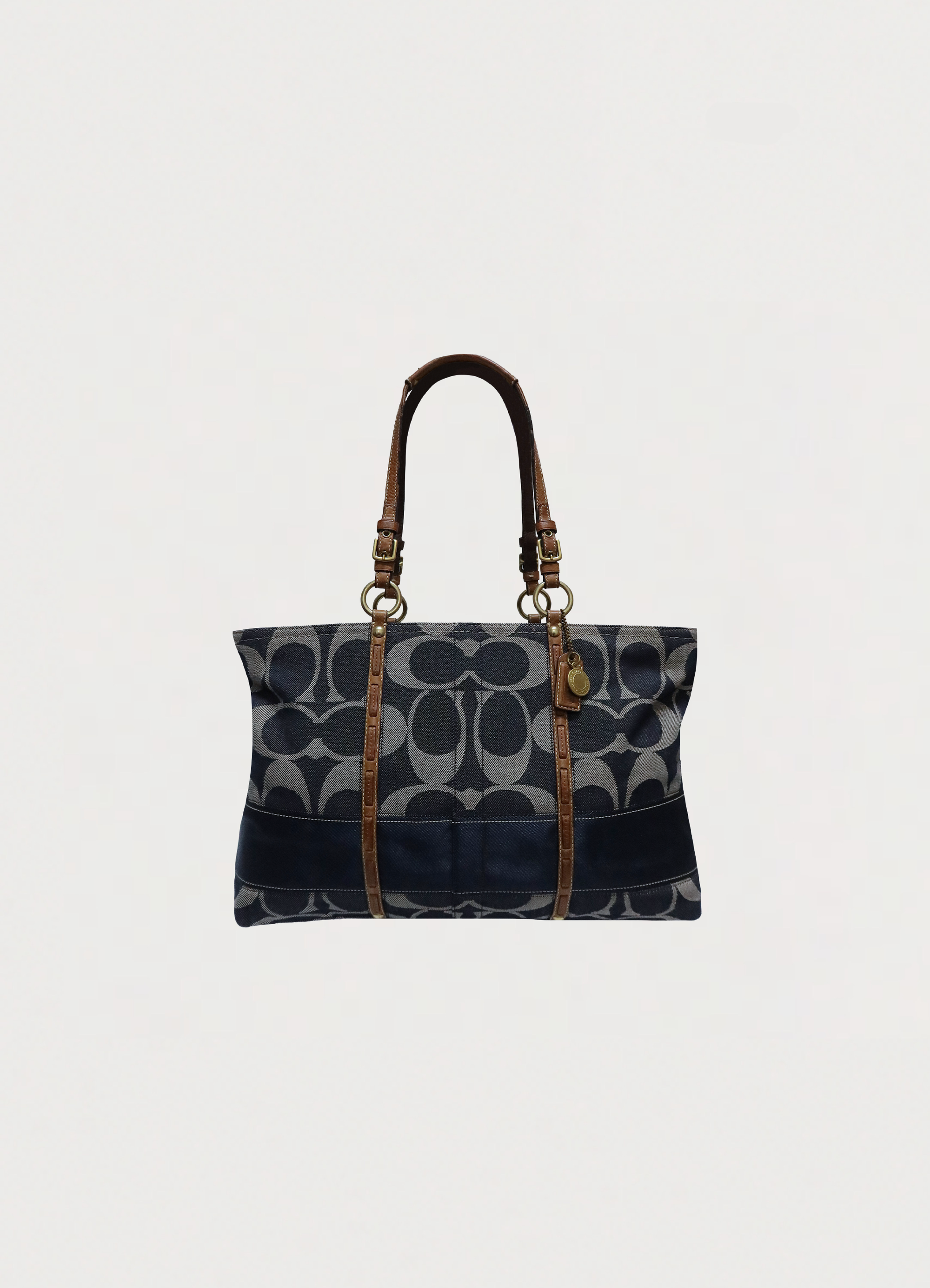Vintage Coach Denim Legacy tote bag in blue signature canvas front view