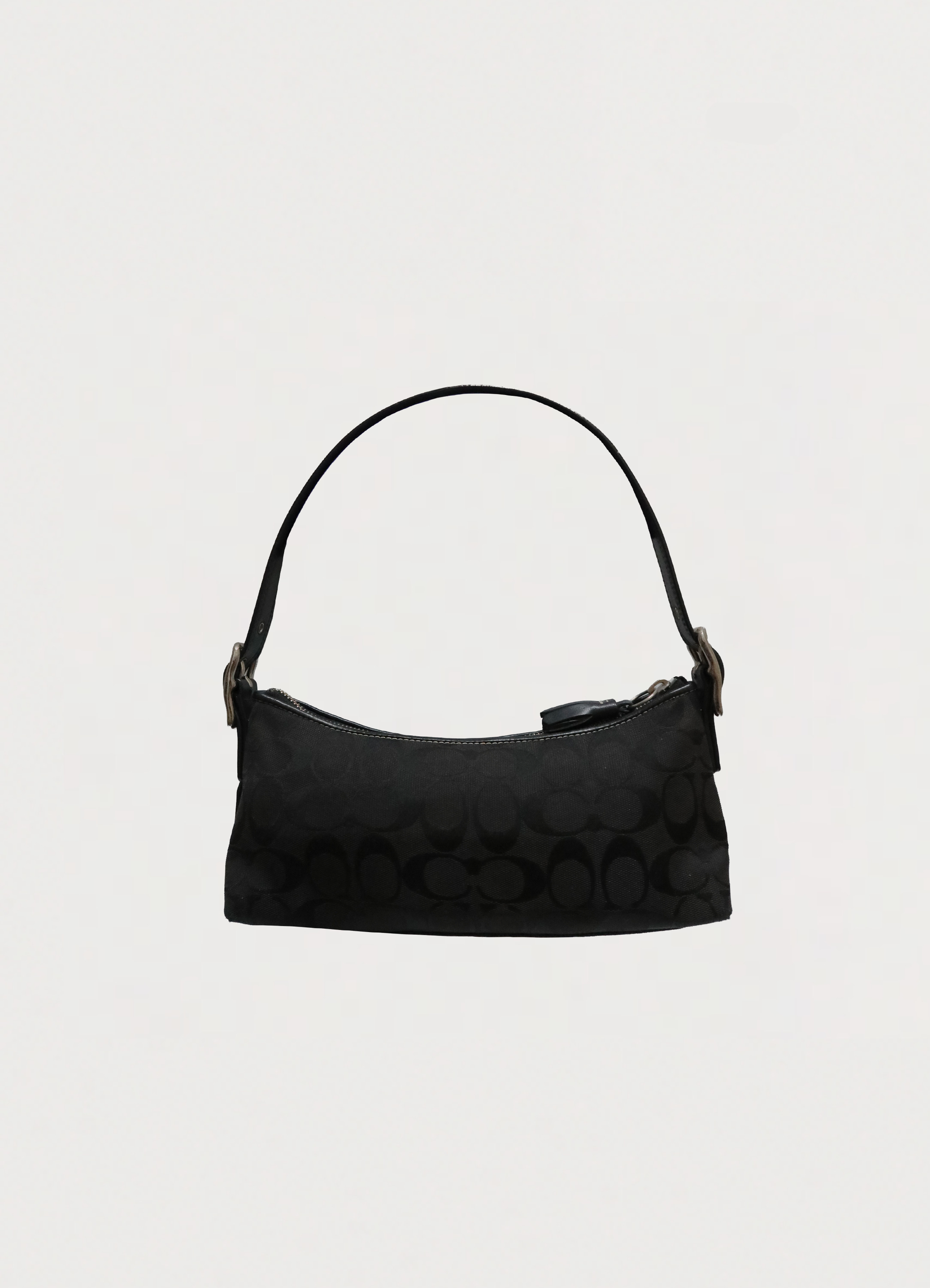 Vintage Coach East West demi baguette bag in black signature canvas back view