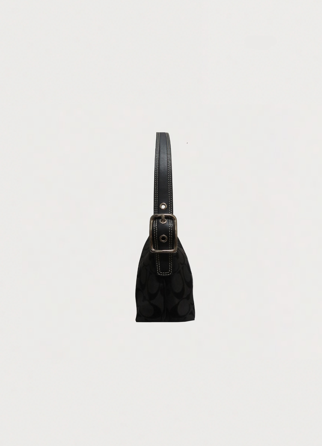 Vintage Coach East West demi baguette bag in black signature canvas left side view