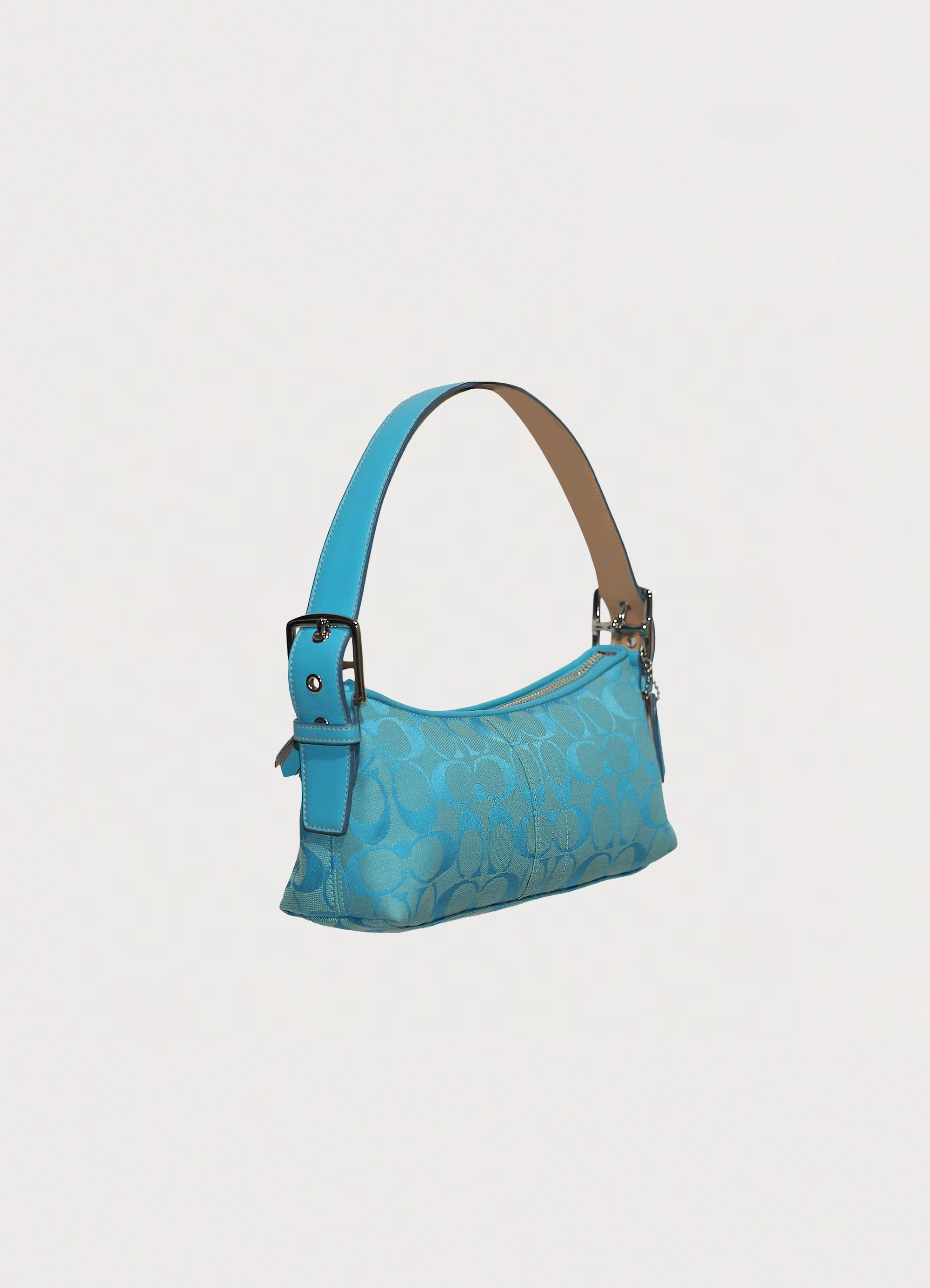 Vintage Coach East West demi bag in blue signature canvas with leather trim showing angled side