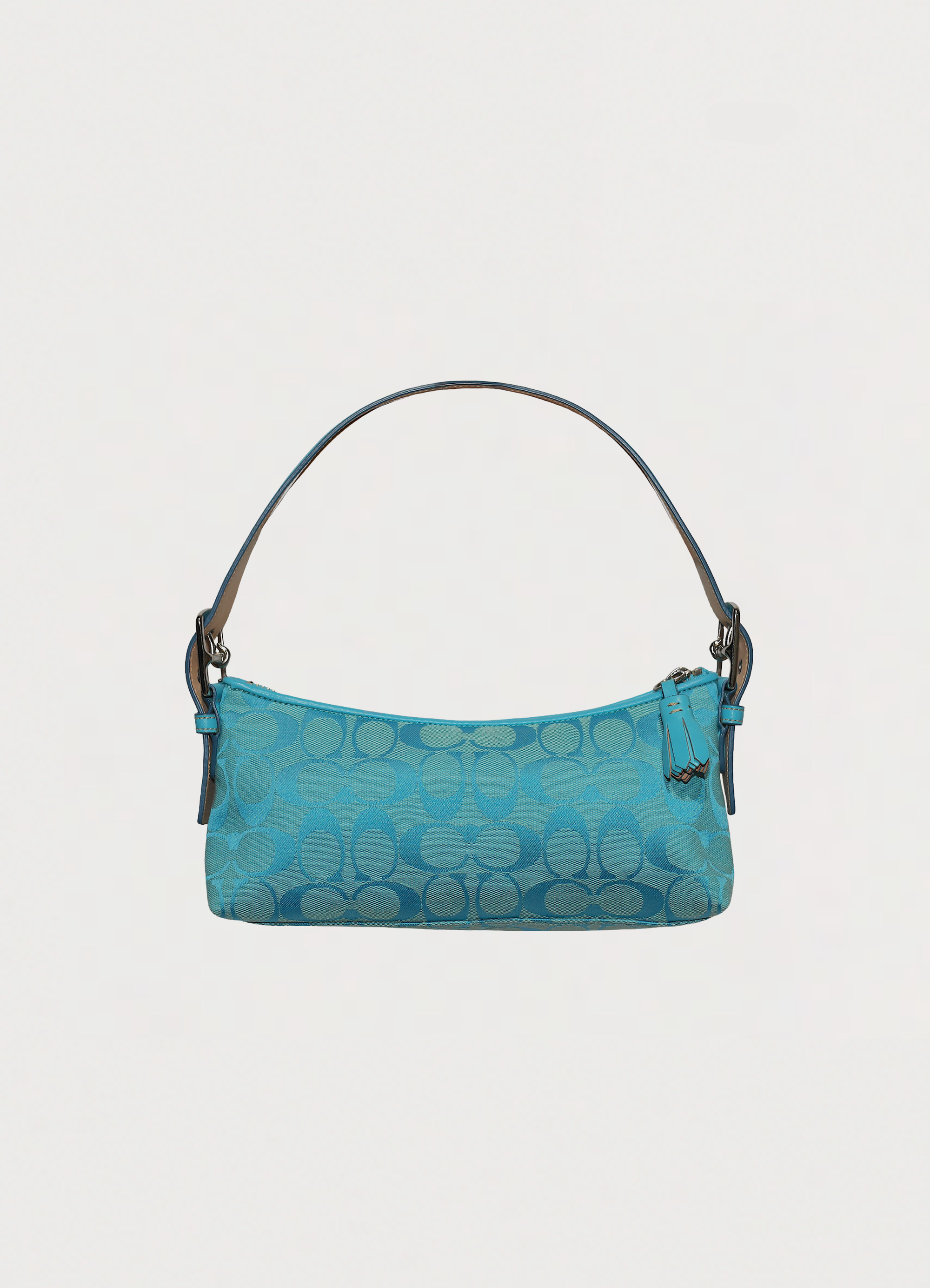 Vintage Coach East West demi bag in blue signature canvas with leather trim showing back
