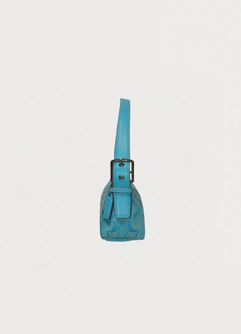 Vintage Coach East West demi bag in blue signature canvas with leather trim showing left side