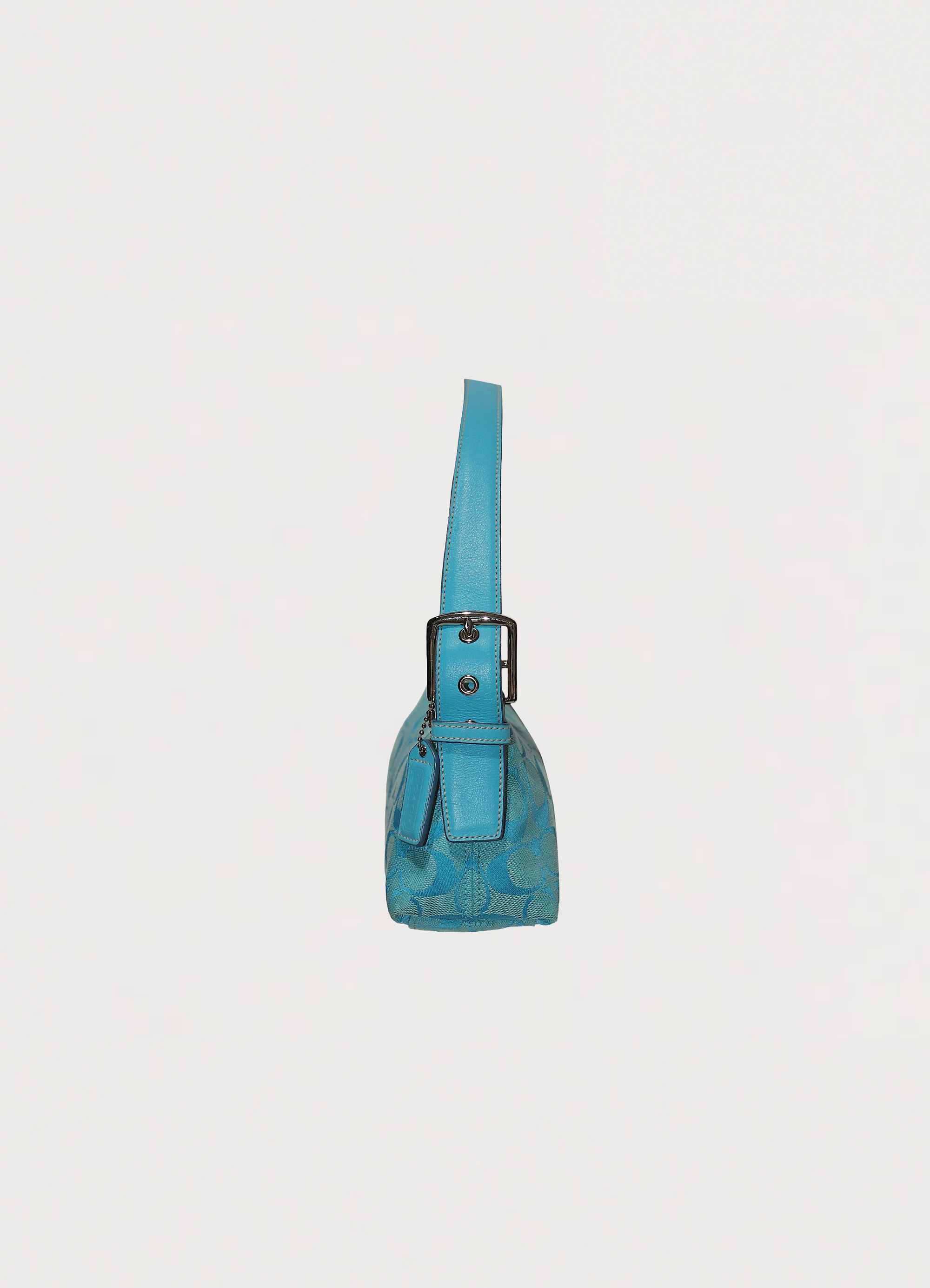 Vintage Coach East West demi bag in blue signature canvas with leather trim showing left side