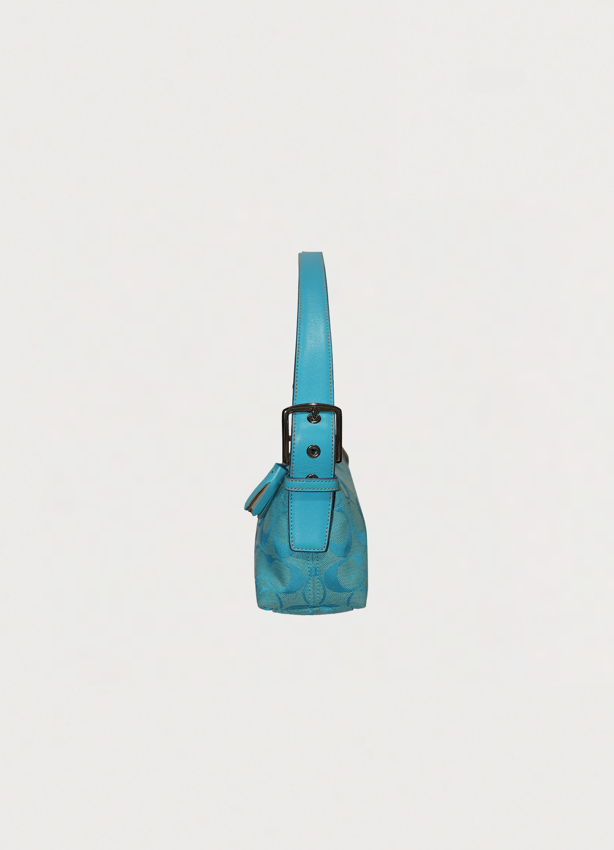 Vintage Coach East West demi bag in blue signature canvas with leather trim showing right side