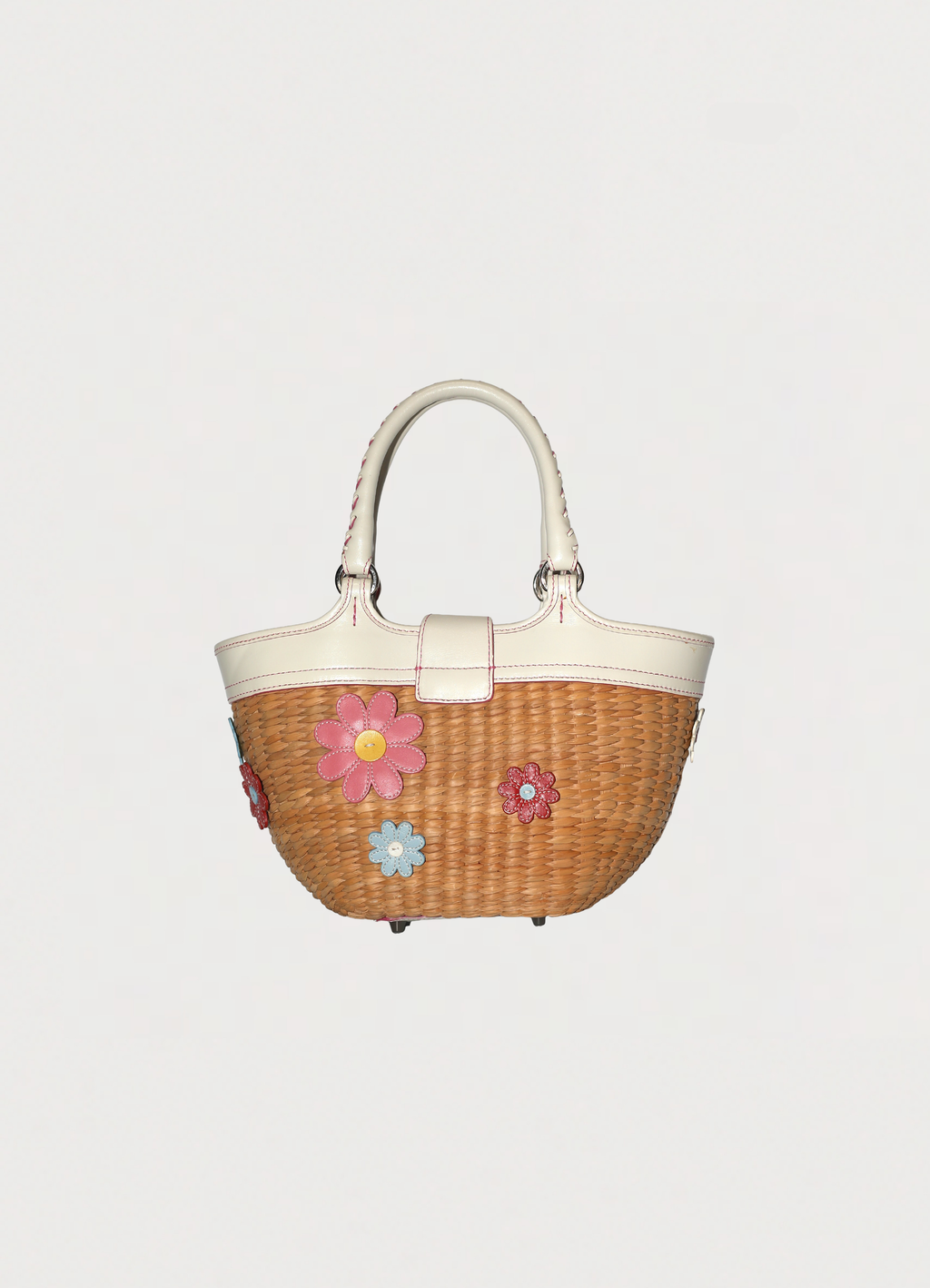 Vintage Coach Flowered straw handbag in white leather trim showing back side