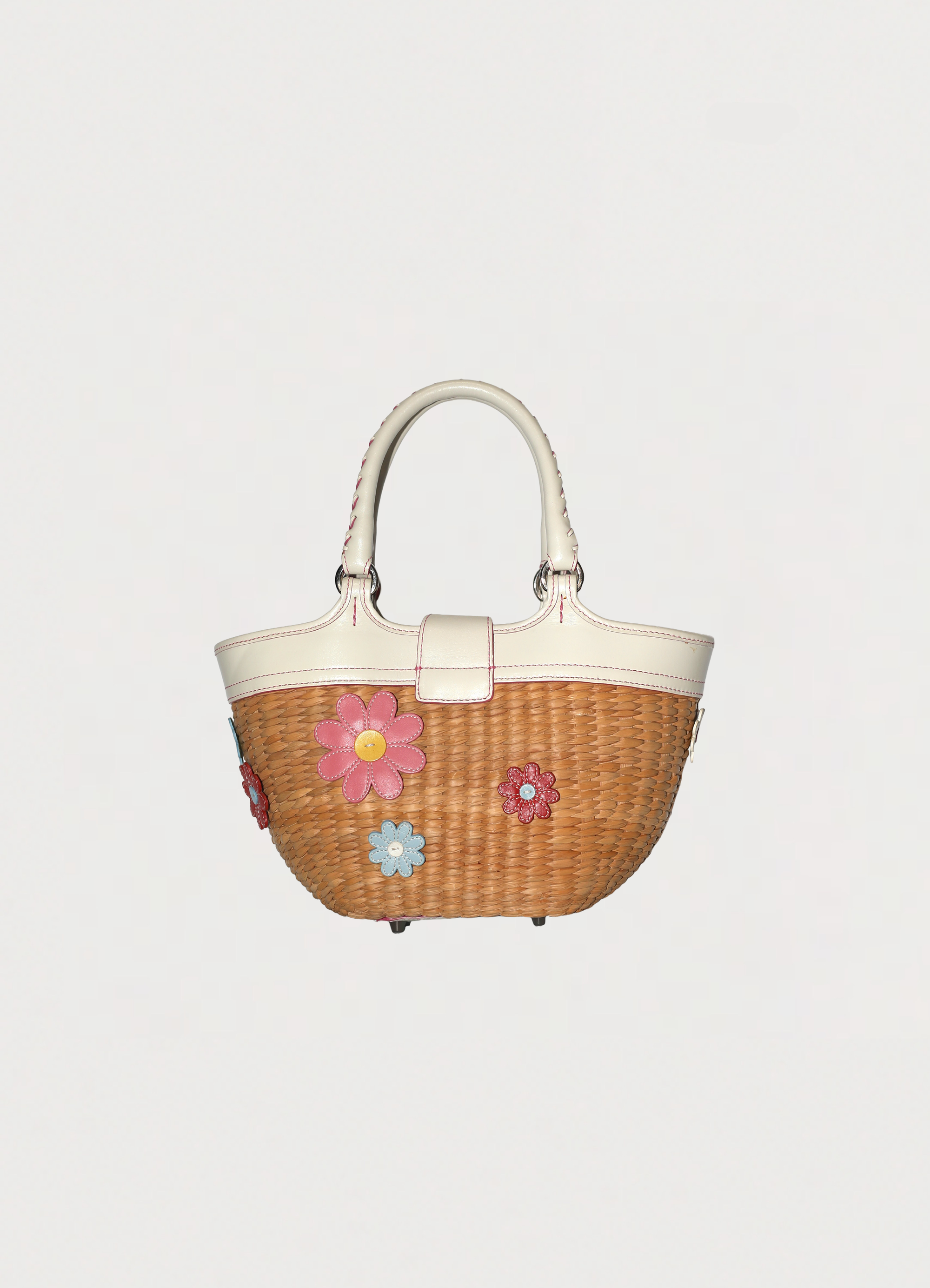 Vintage Coach Flowered straw handbag in white leather trim showing back side