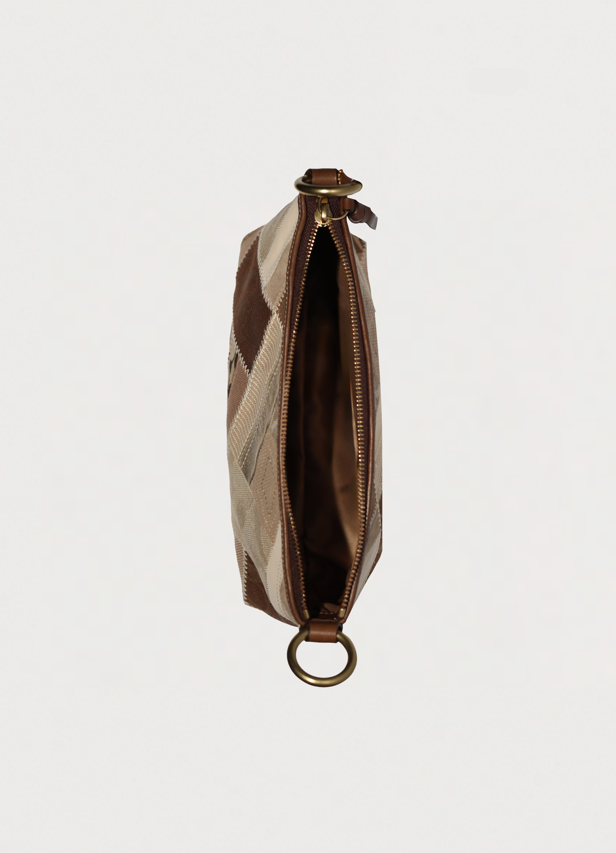 Vintage Coach Hamptons baguette bag in brown signature canvas with leather trim
showing interior from top view down