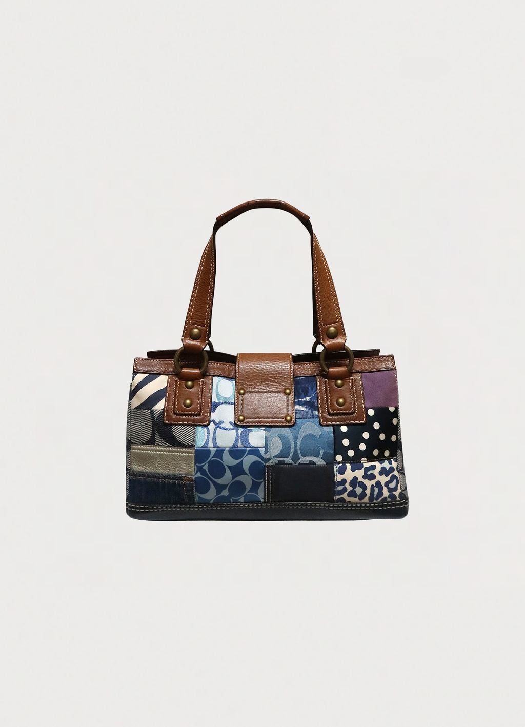 Vintage Coach Hamptons patchwork satchel in blue denim and multi-pattern canvas back view