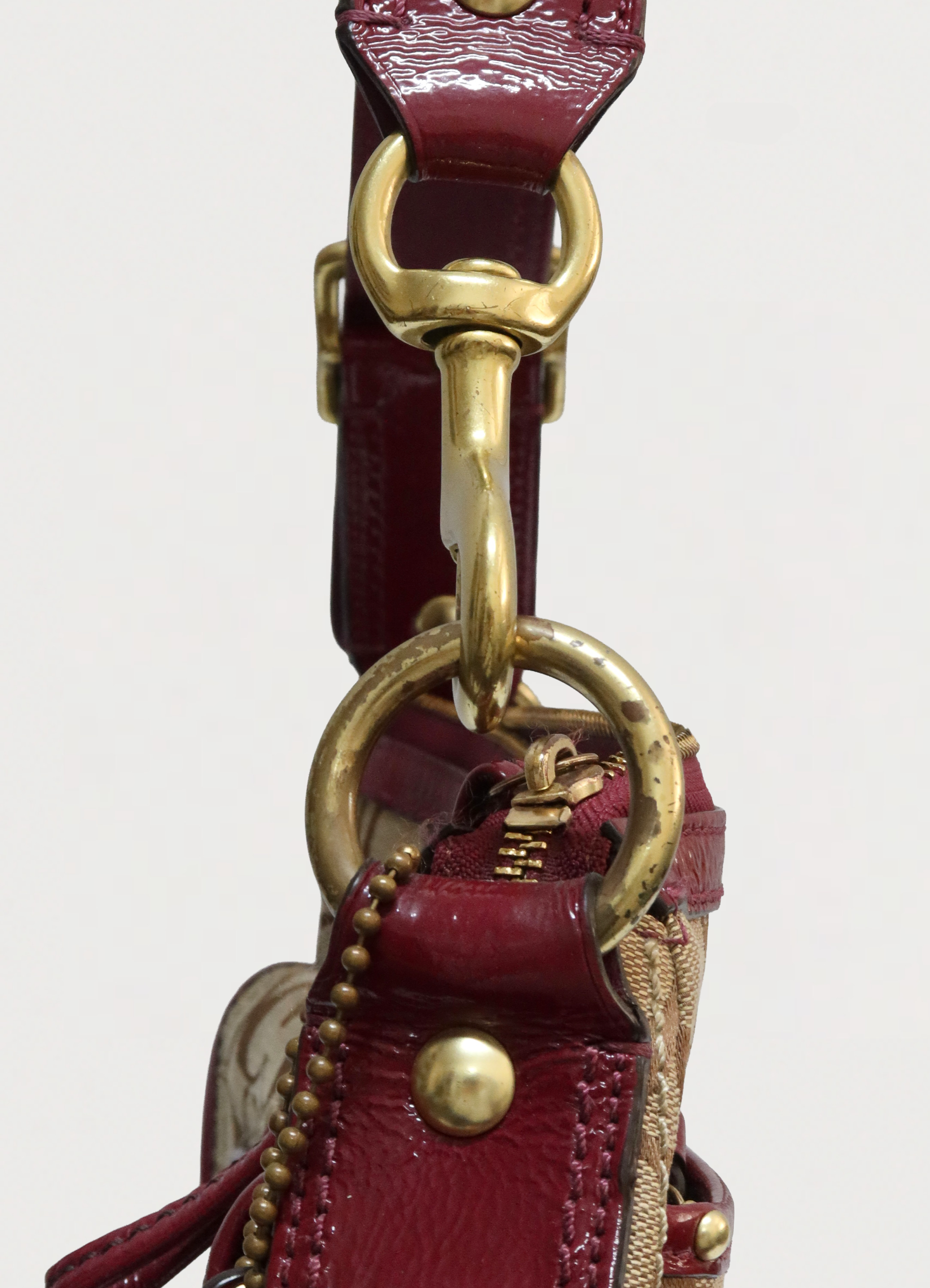 Close up of brass dog-leash clip hardware on Coach Legacy strap