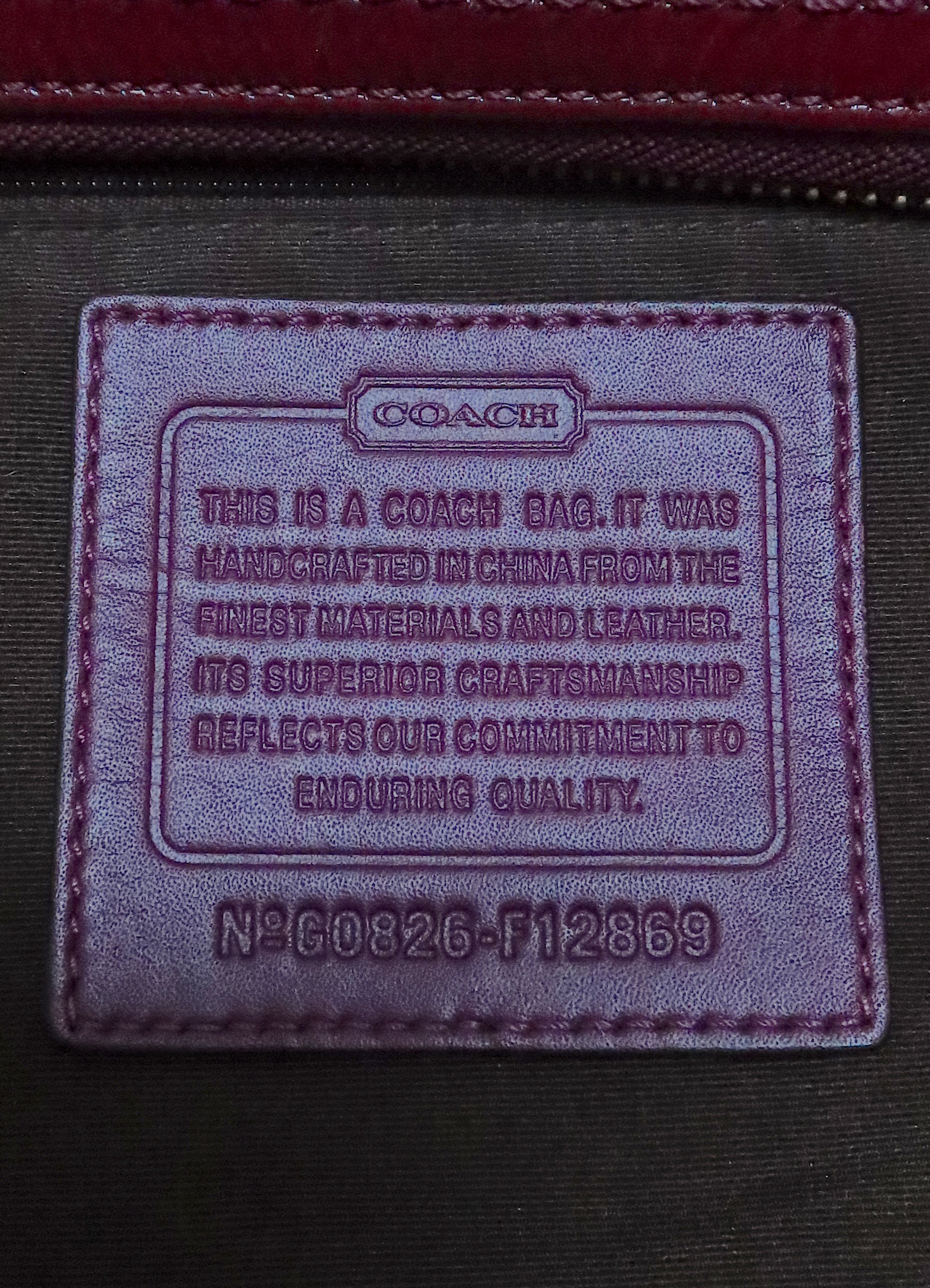 Interior leather Coach creed patch with serial number for authenticity