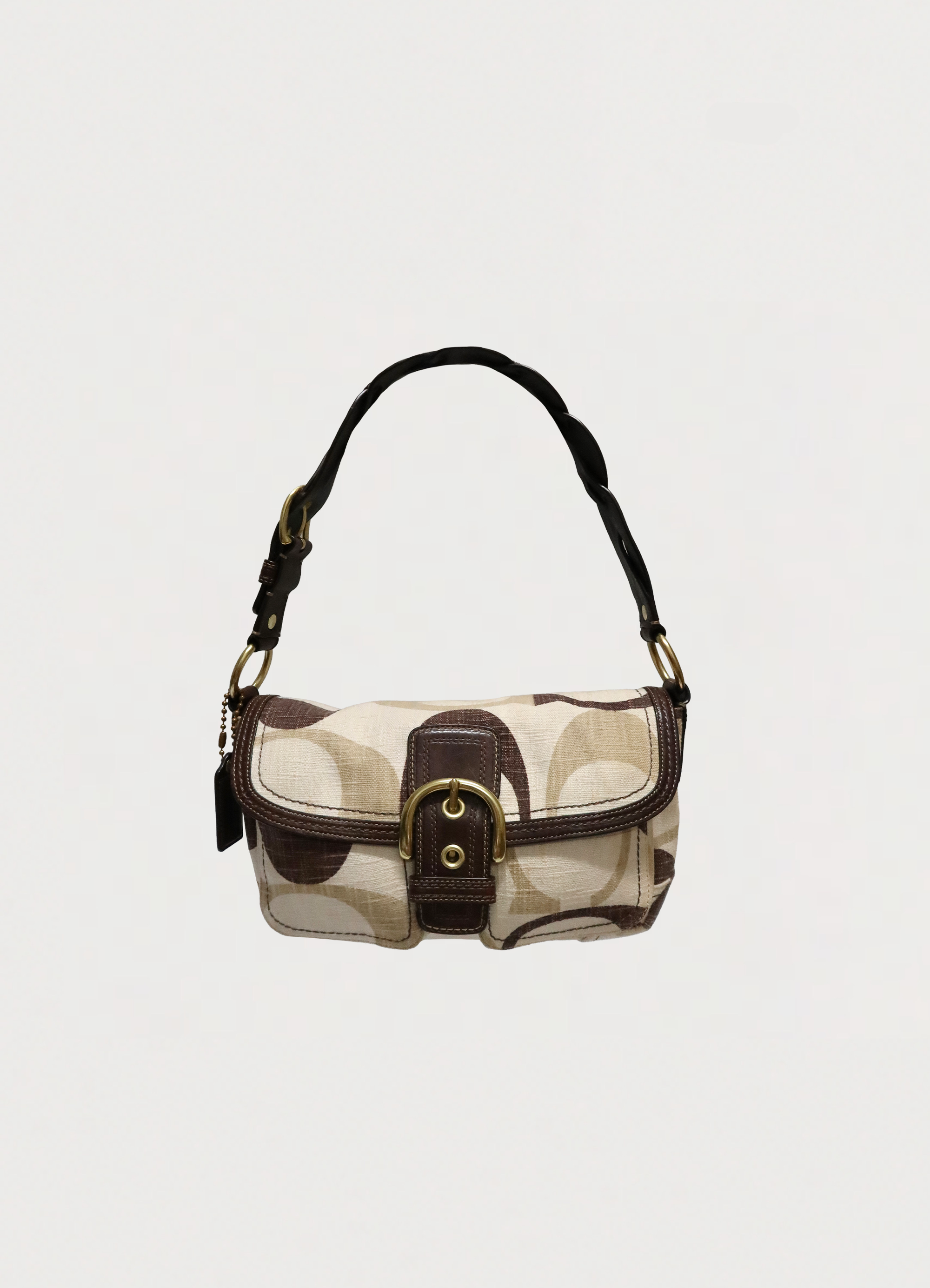 Vintage Coach Optic Signature Soho flap bag in khaki canvas and mocha brown leather front view