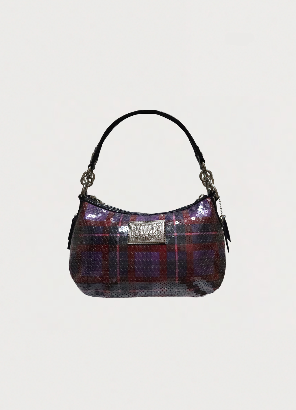 Vintage Coach Poppy Groovy shoulder bag in purple multicolor sequin plaid back view
