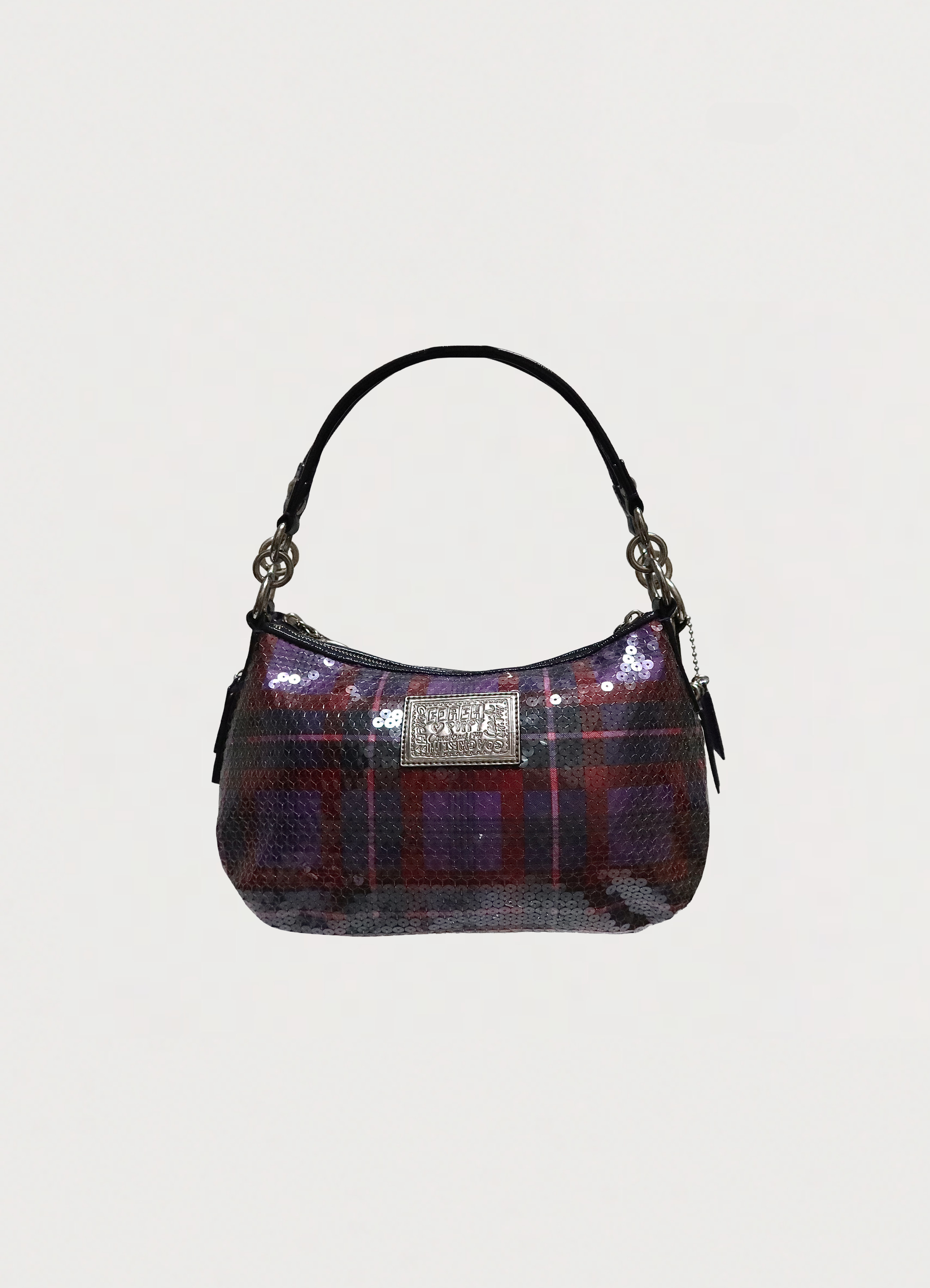 Vintage Coach Poppy Groovy shoulder bag in purple multicolor sequin plaid back view