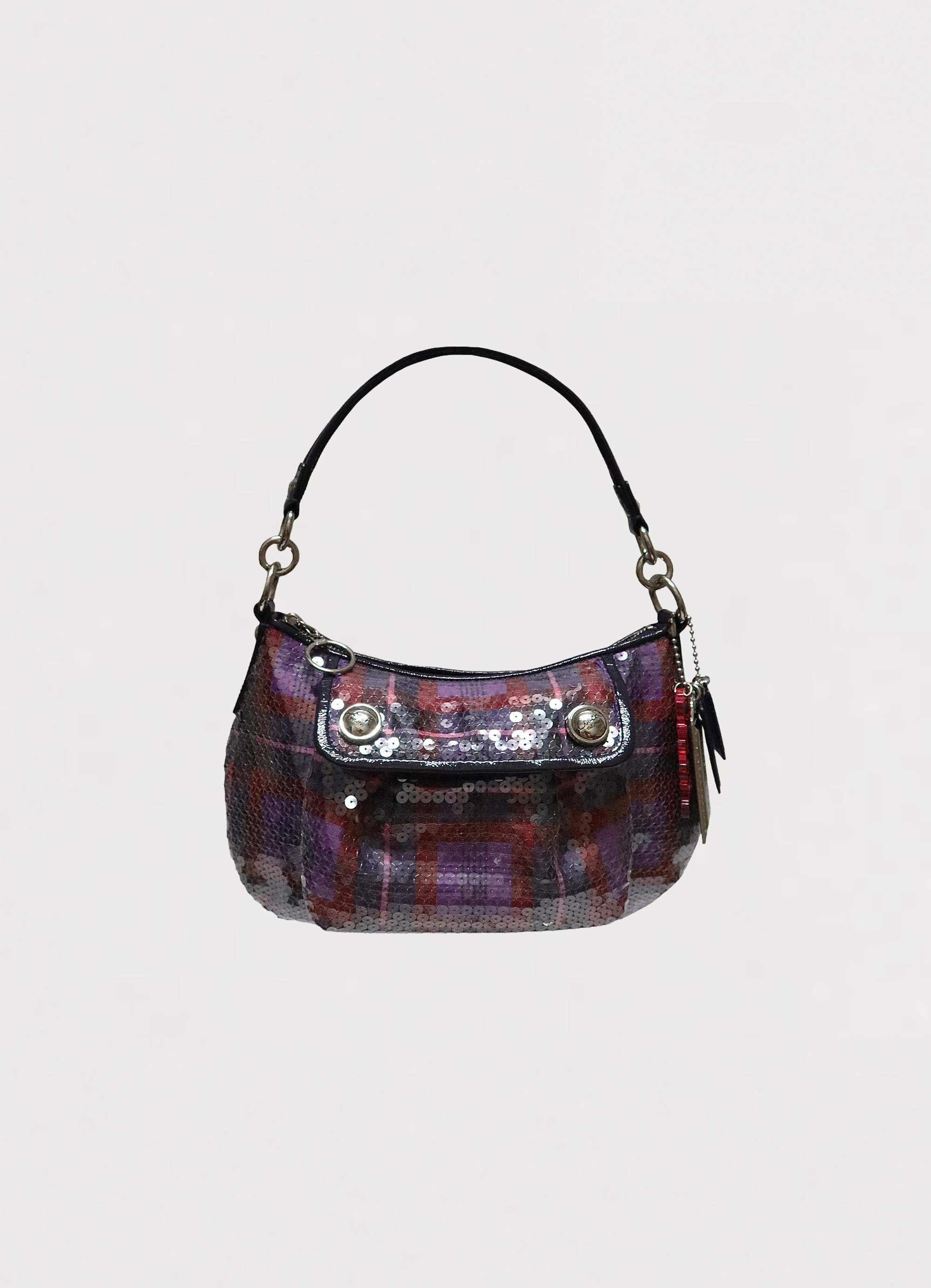 Vintage Coach Poppy Groovy shoulder bag in purple multicolor sequin plaid front view