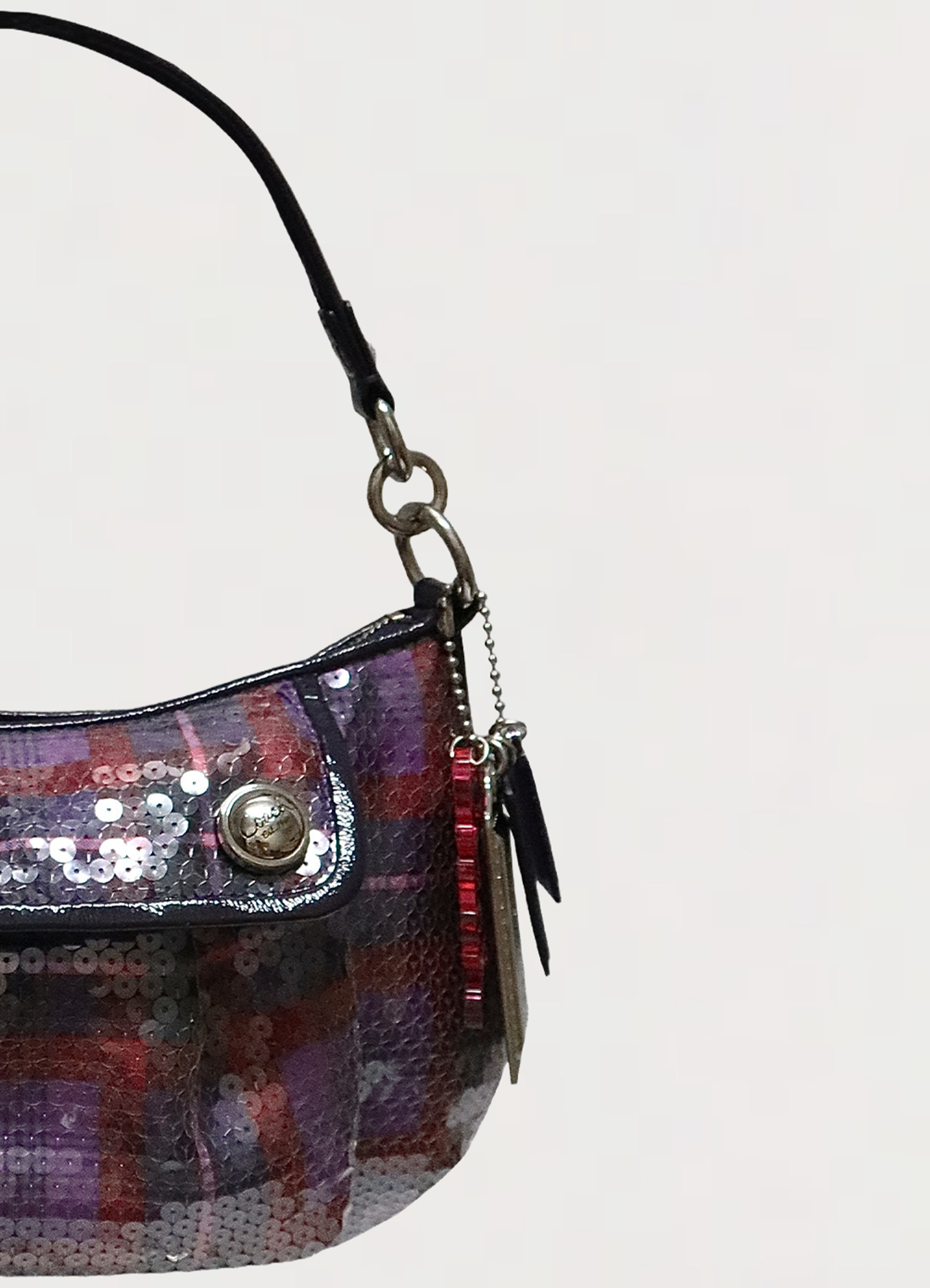 Close up of multicolor sequin plaid pattern on the Coach Poppy Groovy bag