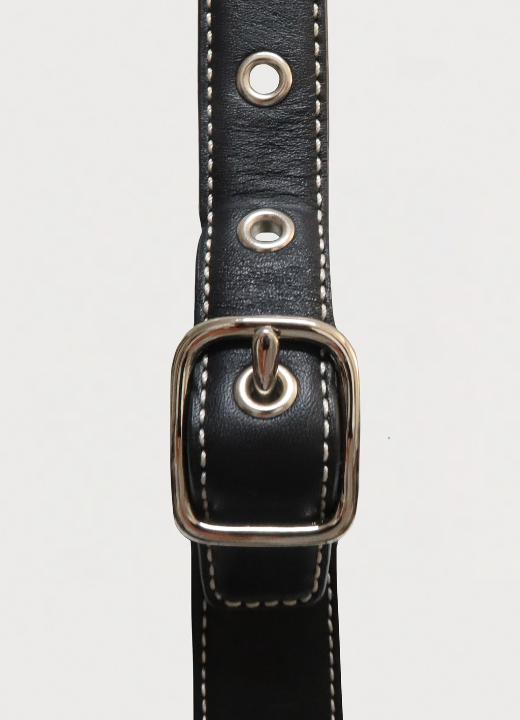 Close up of silver-tone buckle and grommets on the Coach hobo strap
