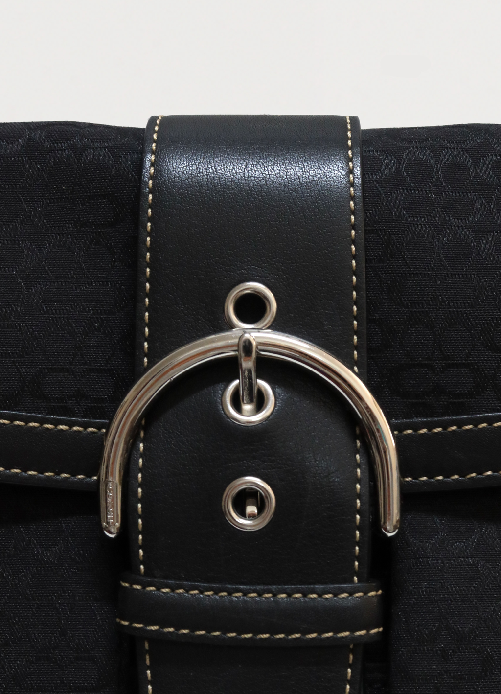 Detail shot of the silver-tone buckle and grommets on the front flap