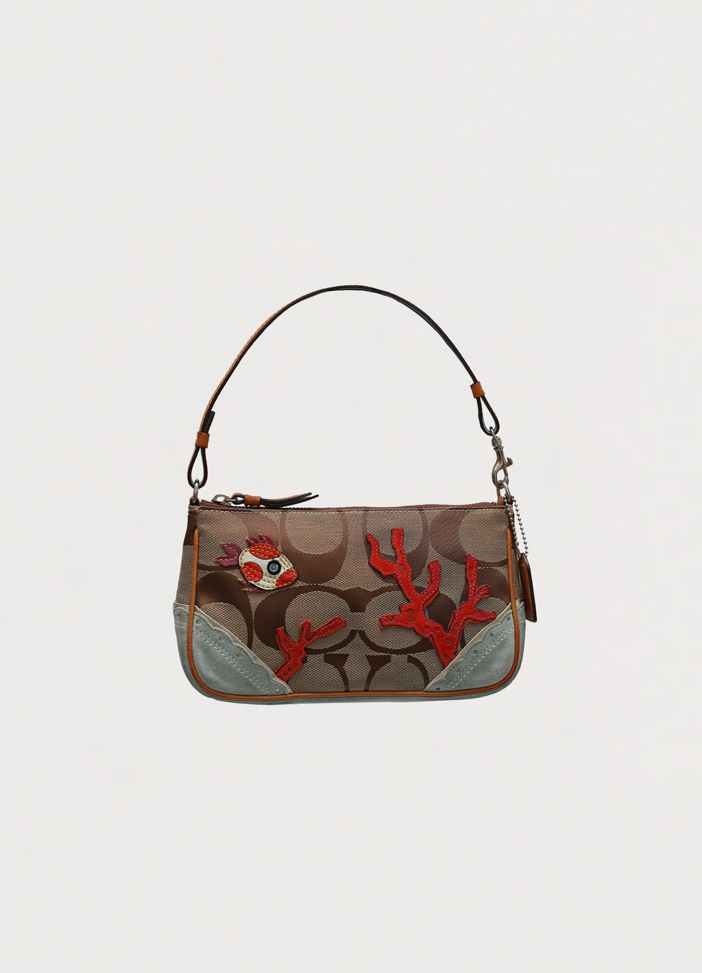Vintage Coach Tropical Fish Demi bag in brown signature canvas with leather trim showing front