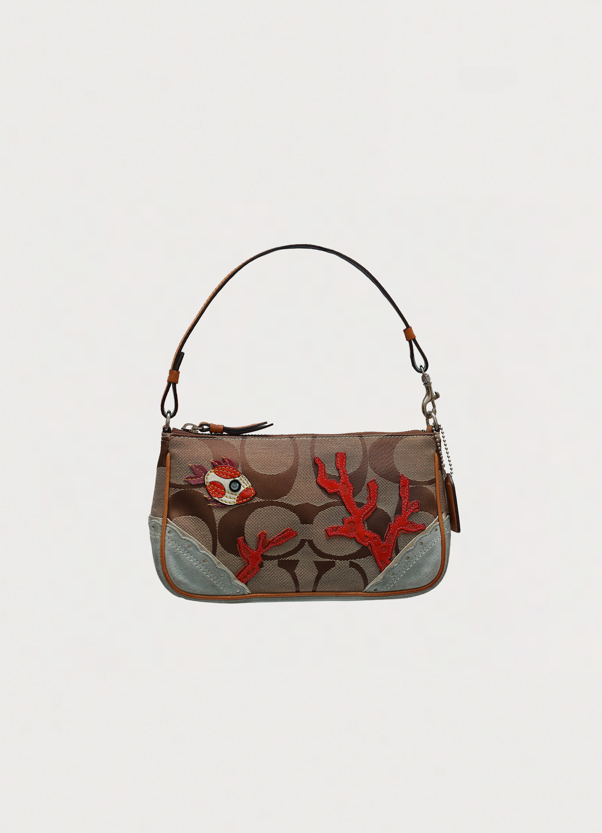 Vintage Coach Tropical Fish Demi bag in brown signature canvas with leather trim showing front