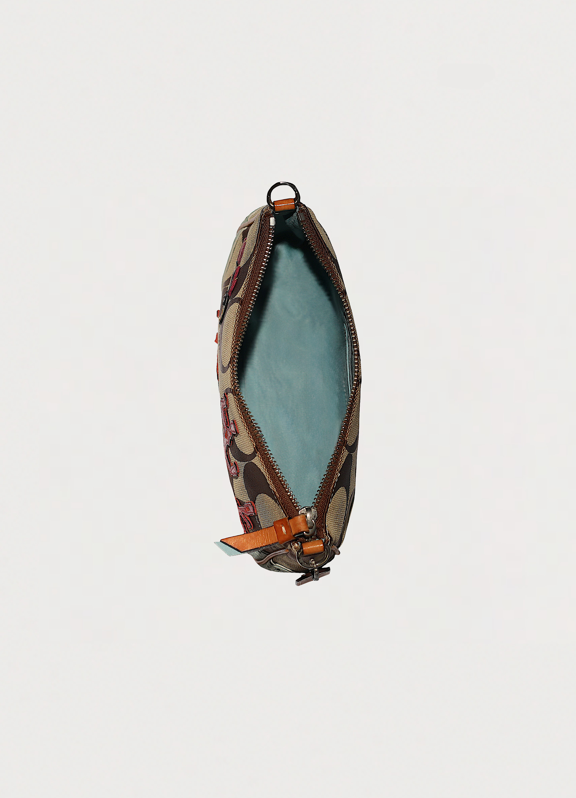 Vintage Coach Tropical Fish Demi bag in brown signature canvas with leather trim showing interior from top view down