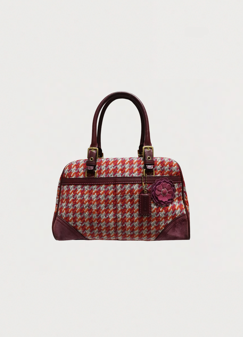 Vintage Coach Tweed Houndstooth Hadley satchel in orange and berry red front view