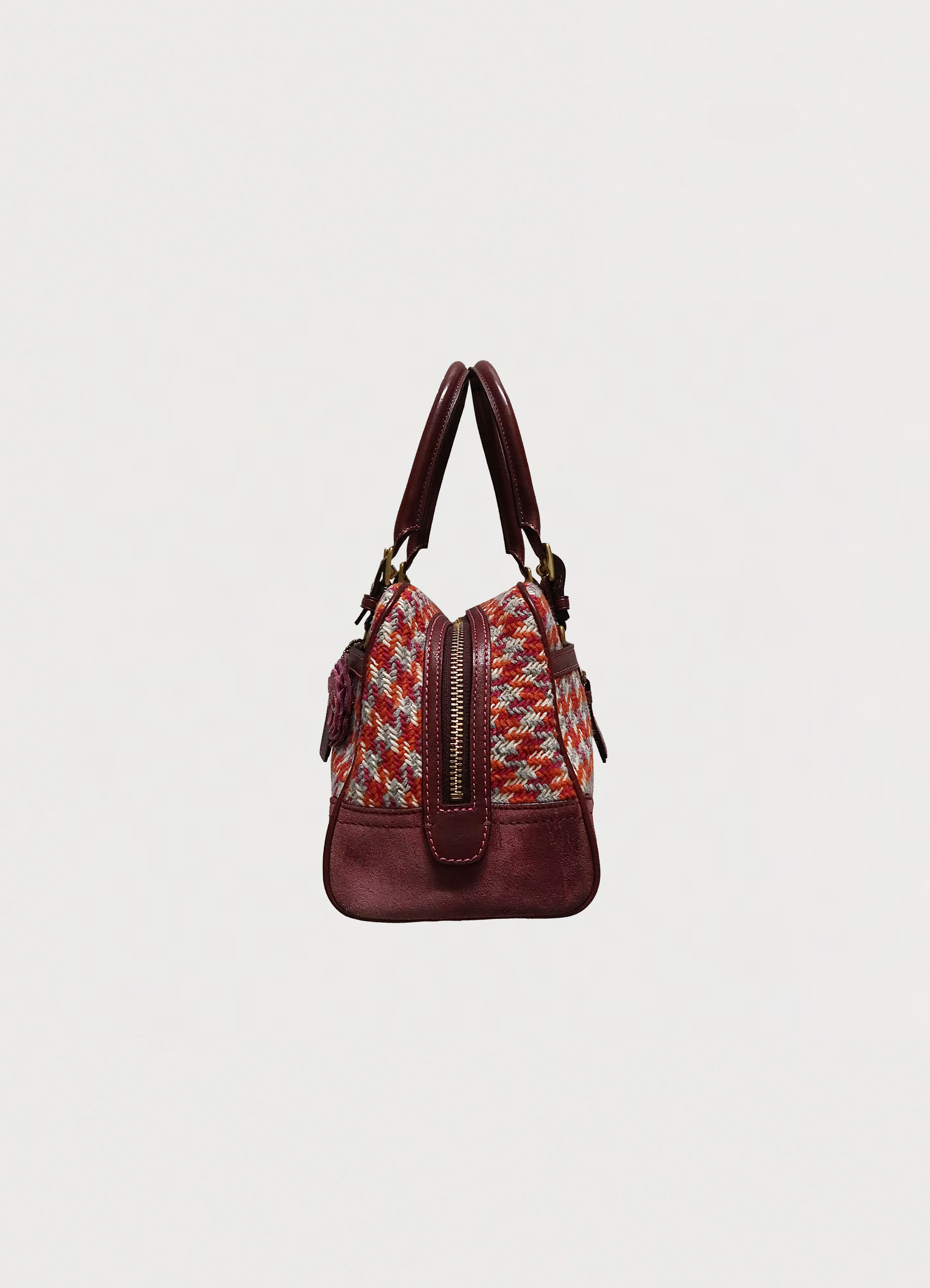 Right side profile of Coach Hadley satchel in houndstooth tweed and suede